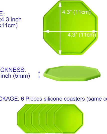 6 Pieces Silicone Coasters, Octagon Shape Hot Cup Mat for Drinks, Heat Resistant Glass Cushion, Coffee Coaster for Table, Desk, Kitchen, Office, Bar Protection (Green)