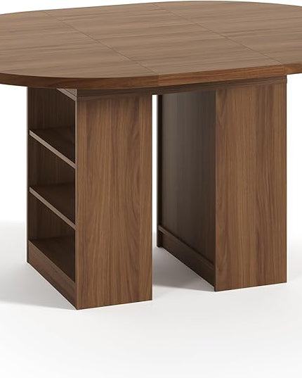 59'' Extendable Dining Table for 4-8, Round Kitchen Room Table with 3-Tier Storage Racks, Adjustable Shelves, Wooden Pedestal Base, for Kitchen, Dinner, Living Room, Office, Walnut