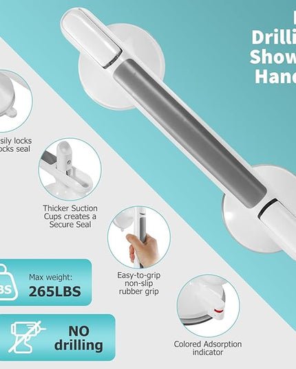 2 Pack Shower Handle, Heavy Duty Suction Cup Grab Bars Handle for Bathtubs and Showers, Bathroom Safety Bars Removable No Drilling Required for Seniors, Elderly, Handicap, 12 inch White