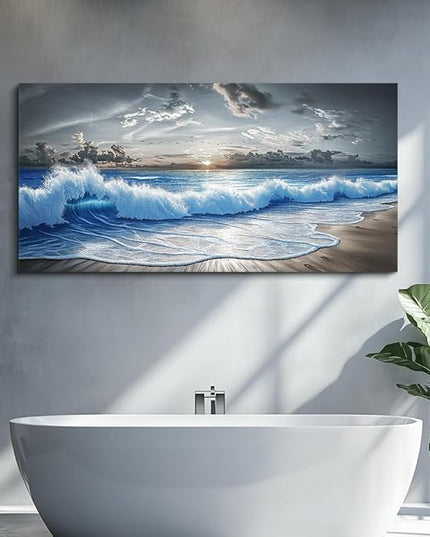 PHAOHUAXM Wall Decor For Living Room Wall Art For Bedroom Office Restaurant Decoration Black White And Blue Ocean Wave Landscape Painting Canvas Pictures Printing Artworks Modern Home Decor 20"X40"