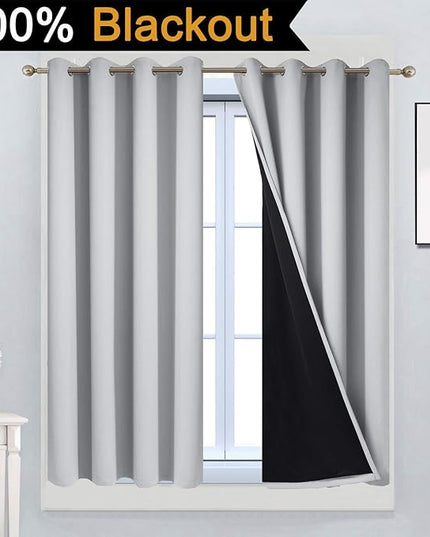 Yakamok Total Blackout Curtains, 2 Thick Layers Completely Blackout Thermal Insulated Drapes with Black Liner for Bedroom(52Wx45L, Light Grey, 2 Panels)