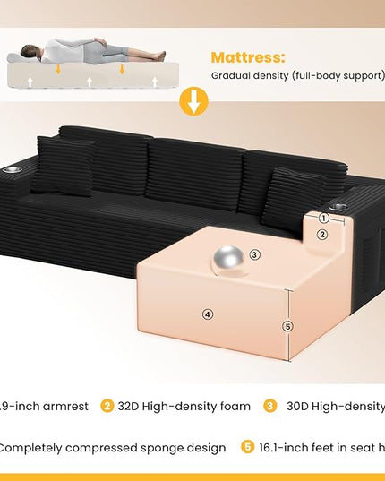 Bashaw 108" Cloud Sectional Couch Sofa with L-Shape Chaise, Modern Modular Sofa Couch Upholstered Couches for Living Room Bedroom, No Assembly Required (Black, Right Facing Chaise)