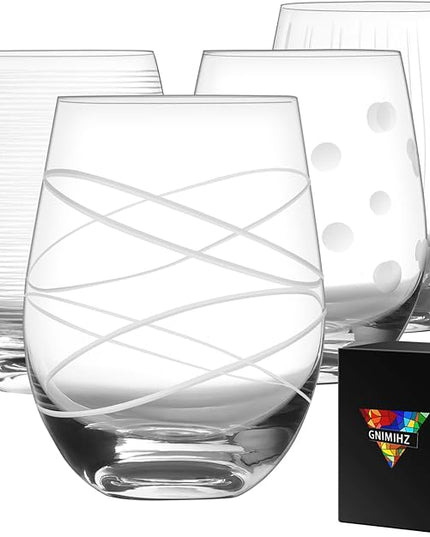 Etched Stemless Wine Glasses for Red or White Wine (Set of 4), 18-Ounces, Large Wine Glasses for Cabernet, Pinot Noir, Burgundy, Bordeaux, Clear, Etched