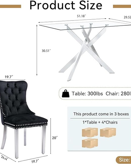 51" Glass Dining Table Set for 4, Modern Dining Room Table Set for 4, Silver X-Shape Pedestal Glass Table with 4pcs Black Dining Chairs, 5 Piece Dining Set for Dining Living Room