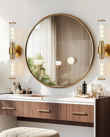 Gold Bathroom Light Fixtures 2 Pack, Vanity Lights for Mirror with Threaded Glass Shade, 20 Inch Up and Down Wall Sconces for Bathroom Bedroom Living Room Hallway - Bulb Not Included