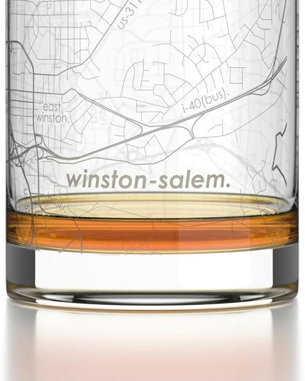 Well Told Engraved Winston-Salem North Carolina Map Rocks Glass, Old Fashioned Glassware (11 oz, Clear) Etched Bourbon Tumbler, Gifts For Whiskey Lovers