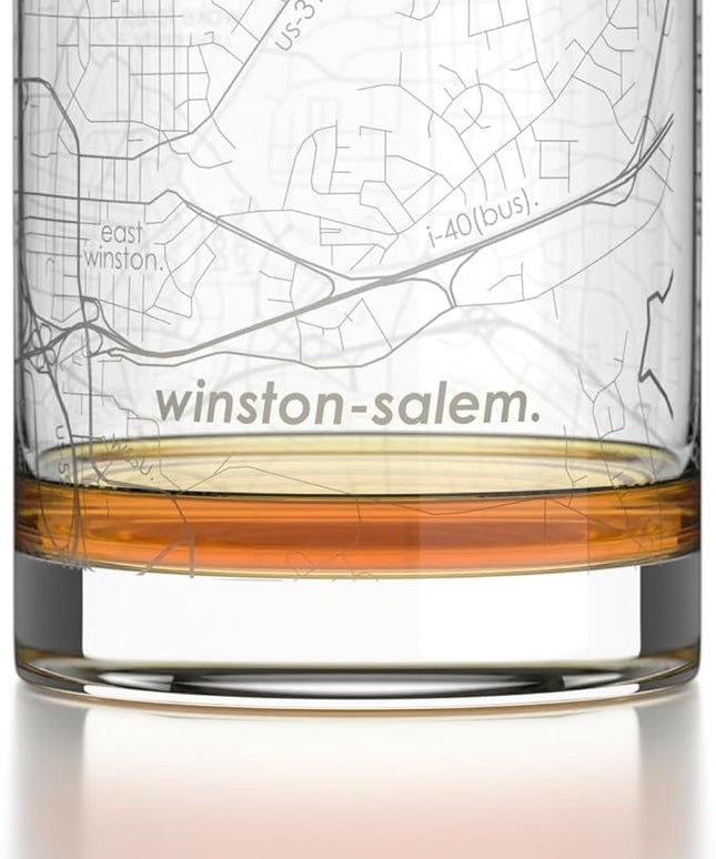 Well Told Engraved Winston-Salem North Carolina Map Rocks Glass, Old Fashioned Glassware (11 oz, Clear) Etched Bourbon Tumbler, Gifts For Whiskey Lovers