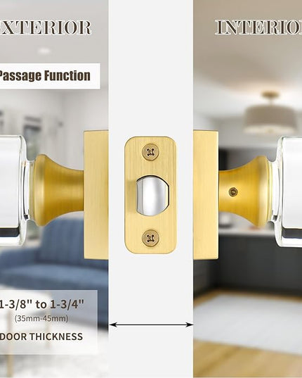 Passage Crystal Door Knobs Interior Glass Door Knob for Closet and Hallway, Brushed Gold Square Door Knobs, Modern Satin Brass Door Handles