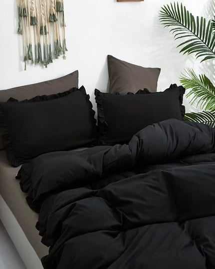 CLOTHKNOW Black Ruffles California King Comforter Set Farmhouse Bedding Comforter Sets Boho Comforter Shabby Chic Comforter with 2 x Pillow Cases