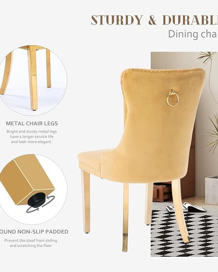 SoarFlash Velvet Dining Chairs Set of 6, Tall Back Side Chair, Modern Upholstered Side Chair with Button Back Ring, Gold Plated Stainless Steel Legs (Gold)
