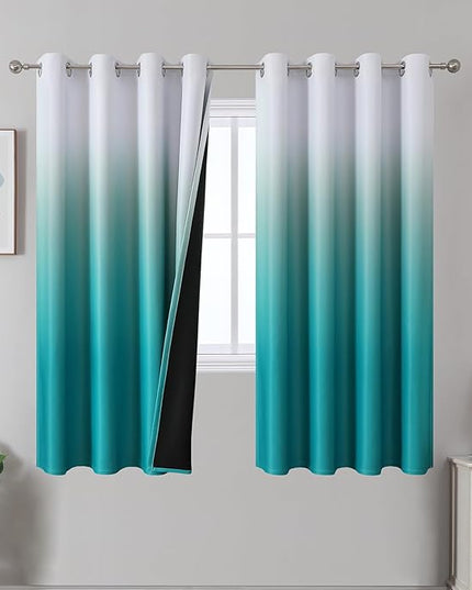 Estelar Textiler Gradient Blackout Curtains 2 Panel for Living Room, Full Light Blocking Thermal Insulated Grommet Window Ombre Drapes for Bedroom 63 Inch Length, Teal and Greyish White, 52Wx63L