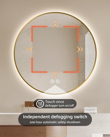 36" LED Backlit Round Mirror for Bathroom, Gold Framed LED Smart Circle Mirrors with 3 Colors, Dimmable Lighted Mirror with Anti-Fog, IP65 Waterproof, CRI 93+, UL-Listed