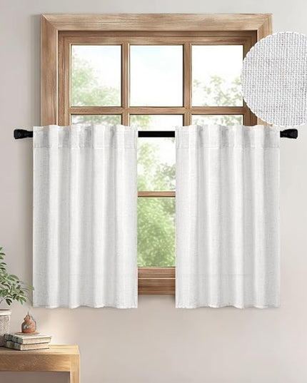MIULEE White Curtains 36 Inch Length 2 Panels, Soft Thick Linen Textured Semi Sheer Light Filtering Kitchen Window Curtains Over Sink Small Tier for Bathroom Window Back Tab Rod Pocket