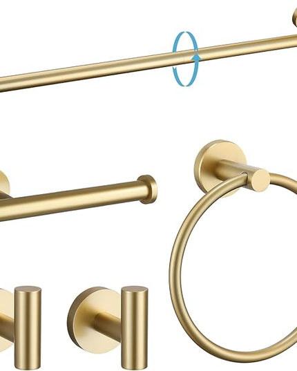TURS Brushed Gold 5 Piece Bathroom Hardware Set, SUS304 Stainless Steel 24 Inch Bath Towel Bar Set, Round Bathroom Accessories Kit Wall Mounted