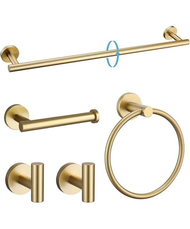 TURS Brushed Gold 5 Piece Bathroom Hardware Set, SUS304 Stainless Steel 24 Inch Bath Towel Bar Set, Round Bathroom Accessories Kit Wall Mounted