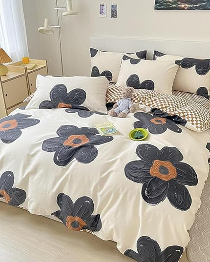 CLOTHKNOW Black Floral Full Size Comforter Sets Sunflower Bedding Comforter Sets Pumpkin Plaid Comforter Beige Black Comforter with 2 x Pillow Cases