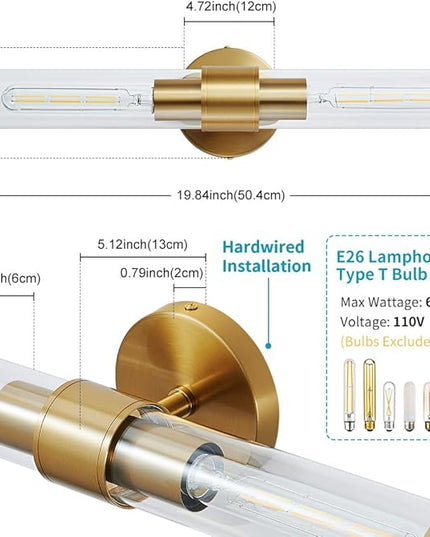 Gold Wall Sconce, Bathroom Light Fixtures in Clear Glass Indoor Wall Sconces, Modern Sconce Wall Lighting Up and Down Vanity Lights Fixtures for Bathroom,Living Room - Bulb Not Included