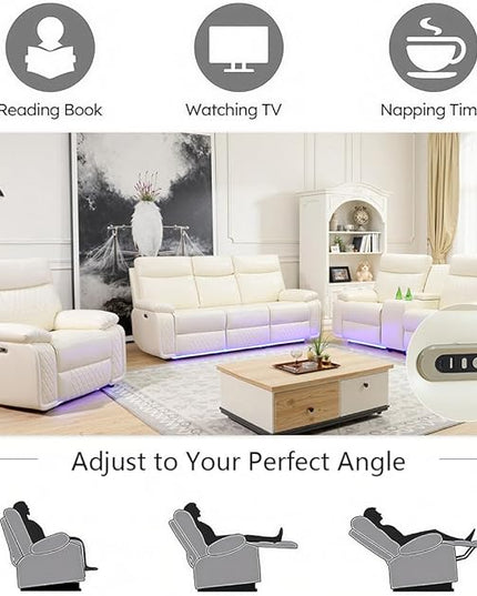 Power Leather Sofa and 2 Chairs Set, Recliner Sofa Set with LED Light, Living Room Furniture Sets, Modern Power Reclining Sets with Cup Holder/Storage Console for House, Vanilla White