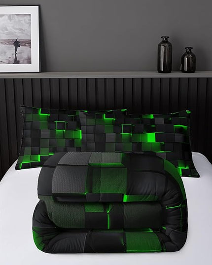 Geometric Green Black Comforter Set,Light Honeycomb 3 Piece Bedding Set Full Size for Teen Boys,Modern Quilt Set Geometry Decor,Microfiber Lightweight 1 Comforter 2 Pillowcases All Season