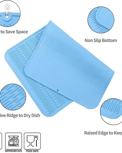 Silicone Dish Drying Mat for Multiple Usage,Easy clean,Eco-friendly,Heat-resistant Silicone Mat for Kitchen Counter or Sink,Refrigerator or Drawer Liner Light Blue 4XL 32 inches x 18 inches