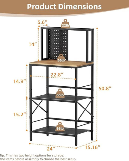 Kitchen Bakers Rack with Pegboard, 4-Tiers Coffee Bar Table, Heavy-Duty Metal Microwave Stand, Adjustable Storage Shelf Rack for Living Room, Garage, Office