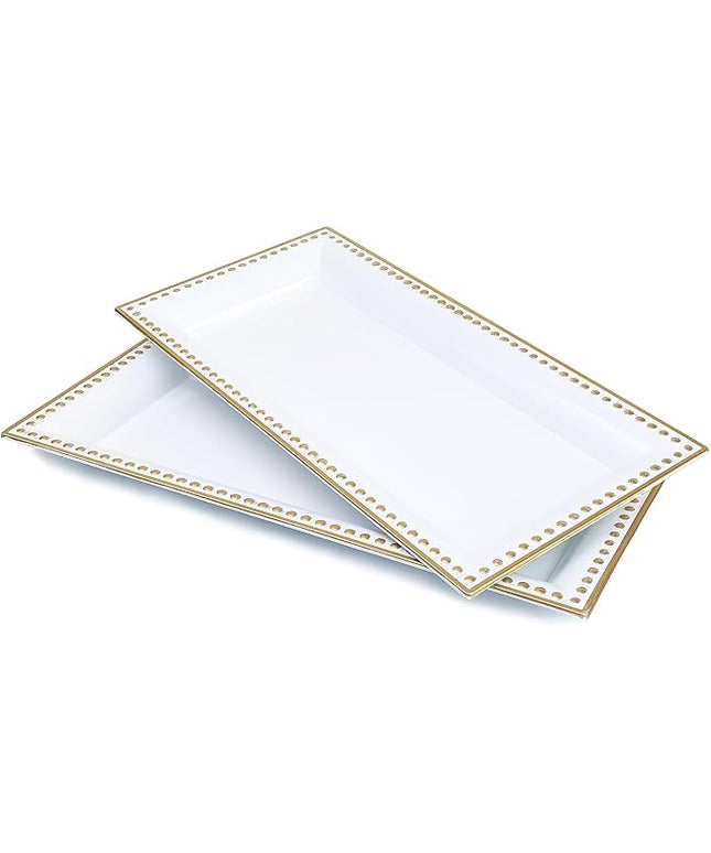 2 Pack White Bathroom Vanity Tray for Countertop with Beads, Small Plastic Toilet Tank Tray Versatile Storage Organization Tray for Makeup, Perfume, Desk, Kitchen, Candles, 14"x7"x1", 36W