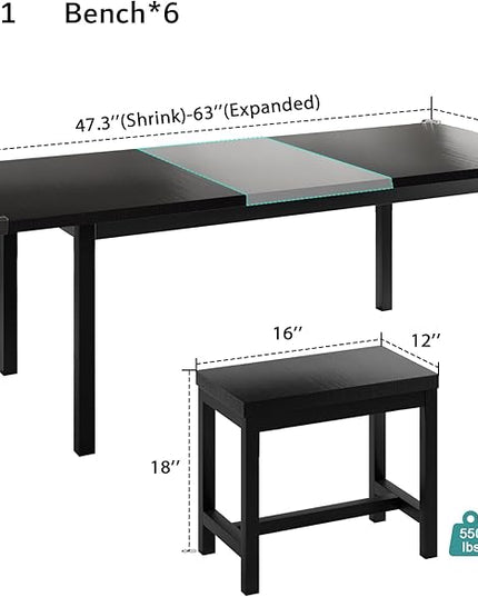 iPormis 7-Piece Dining Table Set with 6 Stools, 63" Extendable Kitchen Table Set for 4-8, Modern Dining Room Table with Sturdy Metal Frame, Space-Saving Dinette, Black