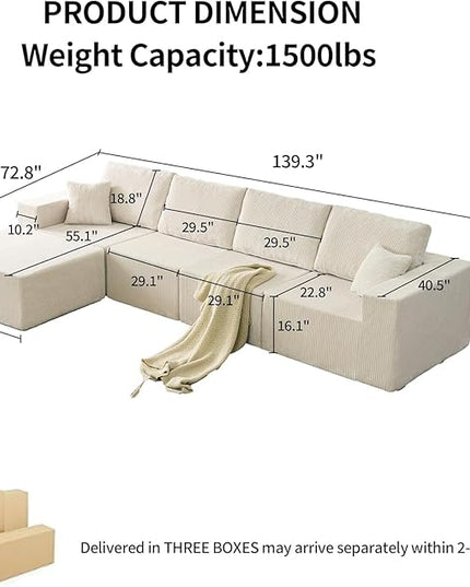 139" Boneless Cloud Sectional Couch for Living Room, Compressed Modular L-Shaped Sofa with Deep Seat, Frameless Corduroy Couch in Boxes, No Assembly Required 4-Seater (Right-Facing Chaise, Beige)