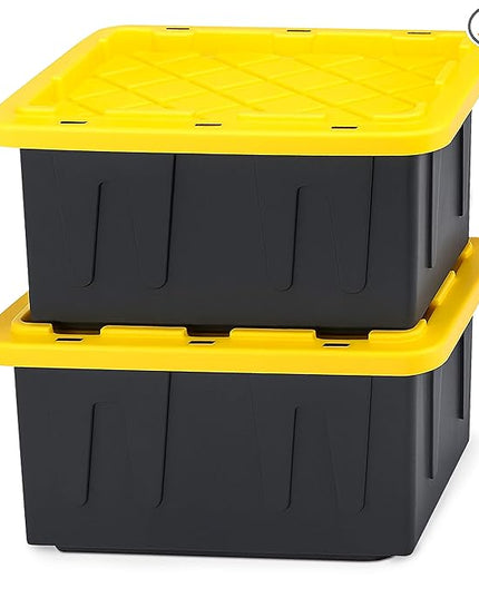 HOMZ 2-Pack Durabilt, Heavy Duty Plastic Storage Bins with Lids, 15 Gallon, Black/Yellow - Stackable Container Boxes for Home, Attic, and Garage Organization