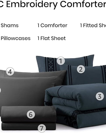 MaiRêve Embroidery Queen Size Comforter Set Blue Grey, Boho Farmhouse Western Bedding Set 7 Pieces, All Season Bed in A Bag Comforter Set with Sheets, Pillowcases & Shams