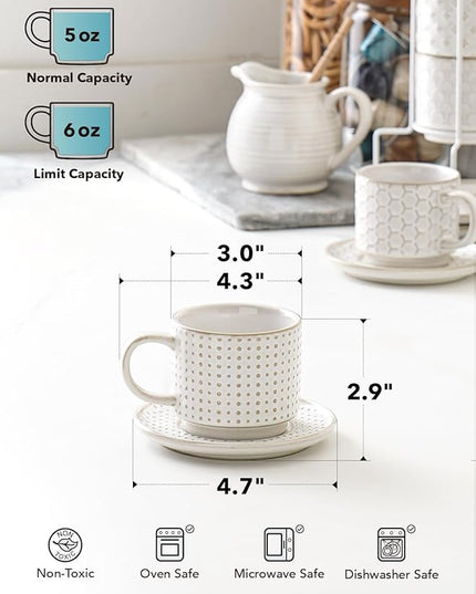 LE TAUCI Stackable Cappuccino Cups 6 oz with Saucers and Stand, Ceramic Embossed Coffee Mugs for Espresso Au Lait, Latte, Cafe, Mocha,Tea, Dishwasher Oven Safe - Set of 4, Arctic white