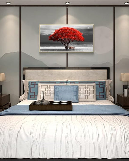 Framed Wall Decor Living Room Large Size Canvas Wall Art Black White With Landscape Moon Painting Red Trees Canvas Pictures Artwork Office Decor Boho Home Decorations Natural Wood Framed 20" X 40"