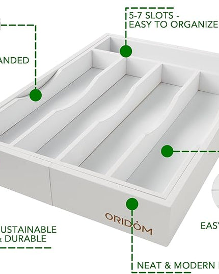 Expandable Bamboo Kitchen Drawer Organizer for Cutlery and Utensils, Adjustable Bamboo Wood Cutlery Tray in Drawer for Flatware and Silverware in Kitchen, (White)