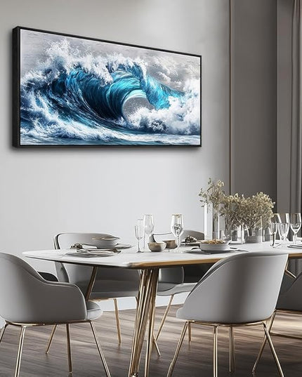 PHAOHUAXM Blue Wave lPaintings Wall Art For Living Room Wall Decor For Bedroom Ocean Inspiration Wall Pictures Office Decor Posters Modern Printing Canvas Artwork Home Decor Black Framed 20x40 In