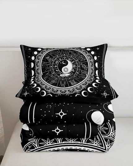 Sun Moon Kids Comforter Set King Size,Starry Sky Galaxy Planet Trippy Bedding Set,Boys Girls Adults Room Decor,12 Constellation Mandala Boho Down Comforter,Black White Duvet Insert,2 Pillowcases
