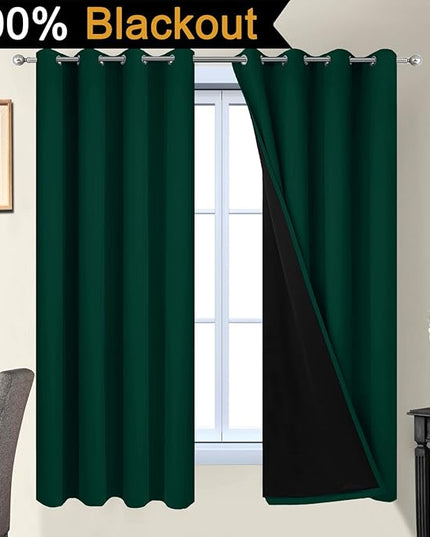 Yakamok 63 Inch Length Full Blackout Curtains for Bedroom, 2 Thick Layers Grommet Top Thermal Insulated Soundproof Drapes with Black Liner for Living Room(52Wx63L,Dark Green, 2 Panels)
