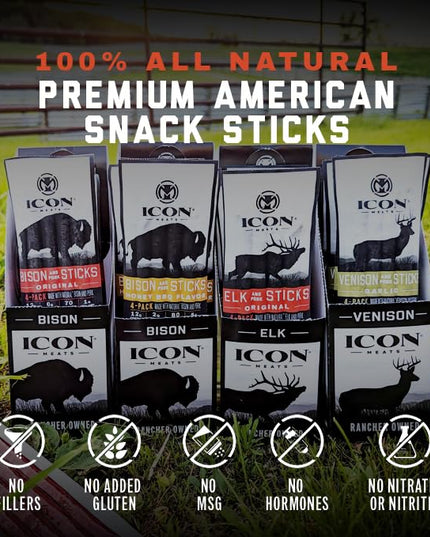 ICON Meats Snack Sticks Sampler, 6 Pack High Protein Snacks, Assorted Bison, Elk, Venison & Pork Jerky, 4 Meat Sticks per Pack, Gluten Free, Low Sugar, Made in the USA, Gifts & Stocking Stuffers