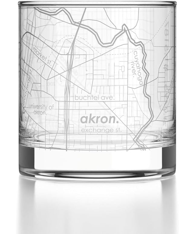 Well Told Engraved Akron Ohio Map Rocks Glass, Old Fashioned Glassware (11 oz, Clear) Etched Bourbon Tumbler, Gifts For Whiskey Lovers
