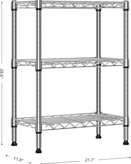 750 lbs 3 Tier Shelf Metal Storage Shelves Wire Rack Closet Organizers with PP Board for Garage Kitchen Bathroom Laundry Chrome 11.8" D x 21.7" W x 28.6" H