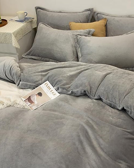 Houseri Grey Velvet Comforter Sets Full Fluffy Light Gray Bedding Sets Warm Winter Plain Grey Puffy Sherpa Bed Comforters Solid Gray Flannel Bedding Soft Teen Boys Girls Fuzzy Furry Quilt Blanket Full