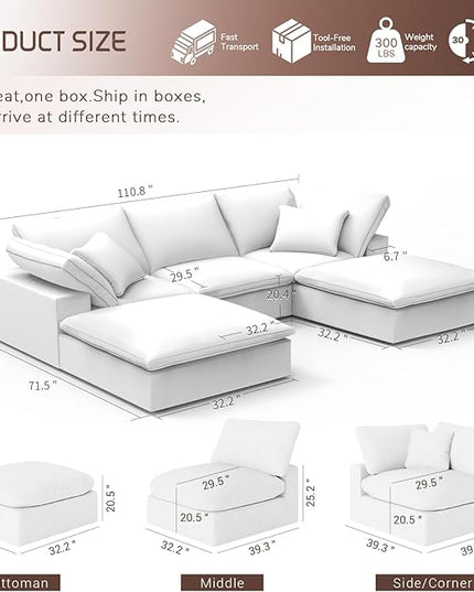 Modular Sectional Sofa,Extra Comfty Deep-Seat-Filled Couch,White 5 Seat U Shape Sofas with Movable Ottoman,Modern Couches for Living Room, Apartment,Office,Small Space