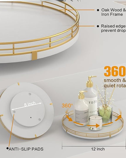 12" Wooden Lazy Susan Turntable for Cabinet – Round Rotating Spice Rack Organizer, White Kitchen Countertop Tray for Dining Table & Pantry Storage (White & Gold)