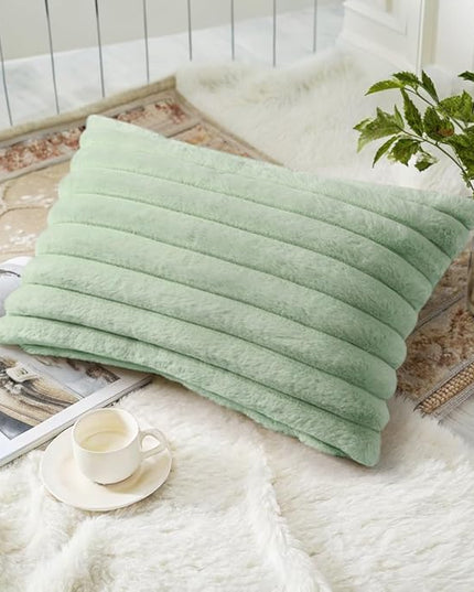 decorUhome Faux Fur Spring Throw Pillow Covers 12x20 Set of 2, Decorative Soft Plush Striped Neutral Couch Euro Pillow Covers with Velvet Back for Sofa, Bed, Living Room Home Decor, Sage Green