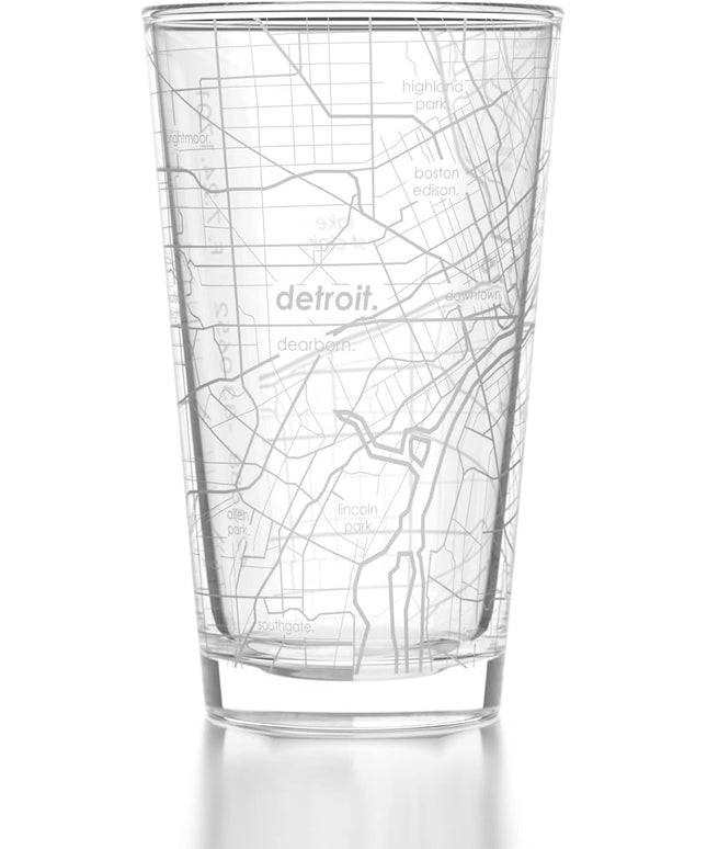 Well Told Engraved Detroit Michigan Map Pint Glass, Etched Beer Gift (16 oz, Clear) City Map Pint, Custom City Glassware, Gifts For Beer Lovers