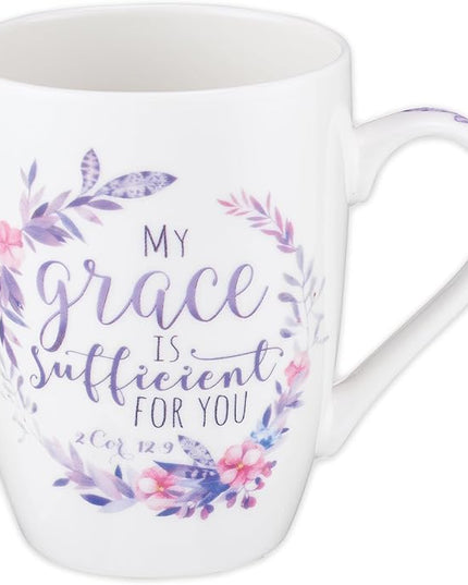 Christian Art Gifts Encouraging Ceramic Coffee & Tea Scripture Mug for Women: My Grace Is Sufficient Inspirational Bible Verse, Microwave/Dishwasher Safe, Cute Drinkware, White & Purple Floral, 12 oz.