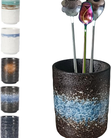 Stoneware Coffee Bar Utensil Holder Tea & Coffee Spoon & Stirrer Holder for Stir Stick Straw Teaspoon Holder Spoon Cup Small Utensil Jar (Sea Water)