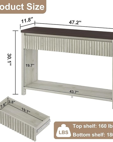 BON AUGURE Entryway Table with Storage, 47In Console Table with 2 Drawers, Two-Tier Sofa Console Tables for Living Room, Modern Hallway Tables, Walnut and Washed Grey Oak
