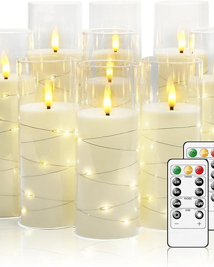 Flickering Flameless LED Candles, 9 Pcs with Embedded Star String, Acrylic LED Pillar Candles with Remote, Suitable for Home Decoration (White)