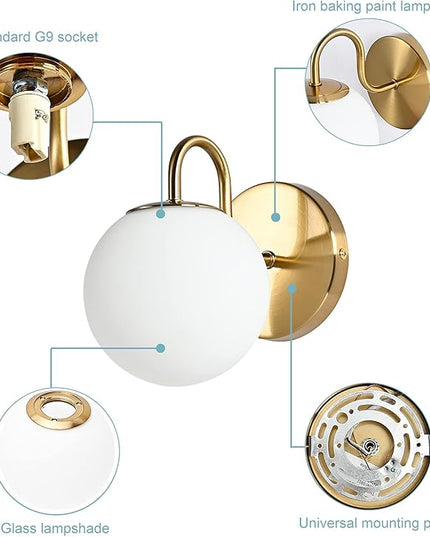 Modern Bedroom Wall Sconce Brushed Brass Indoor Wall Light Fixture Milk White Globe Glass Wall Lamp for Bathroom Kitchen Living Room Vanity Hallway (Exclude Bulb)