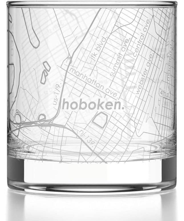 Well Told Engraved Hoboken New Jersey Map Rocks Glass, Old Fashioned Glassware (11 oz, Clear) Etched Bourbon Tumbler, Gifts For Whiskey Lovers